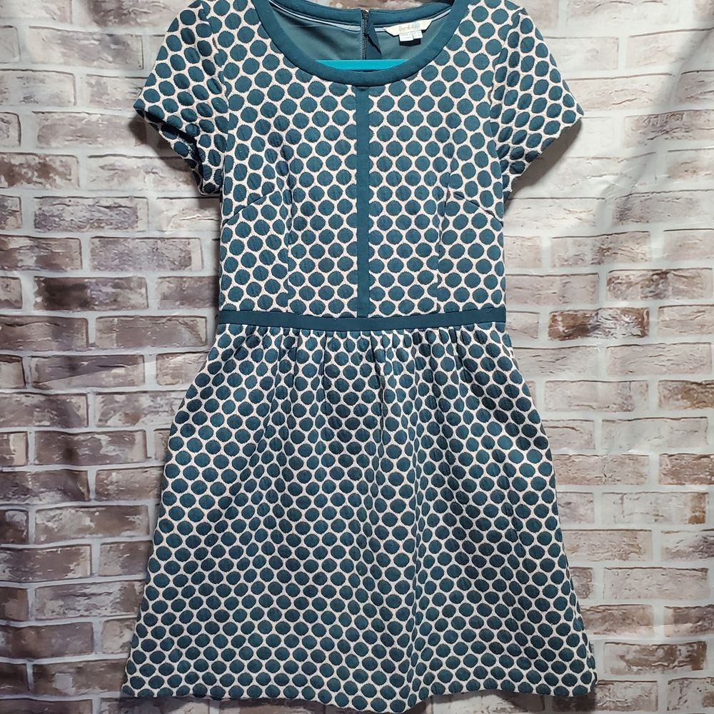 Teal Geometric Pattern Short Sleeve Fit & Flare Dress - Size 8R